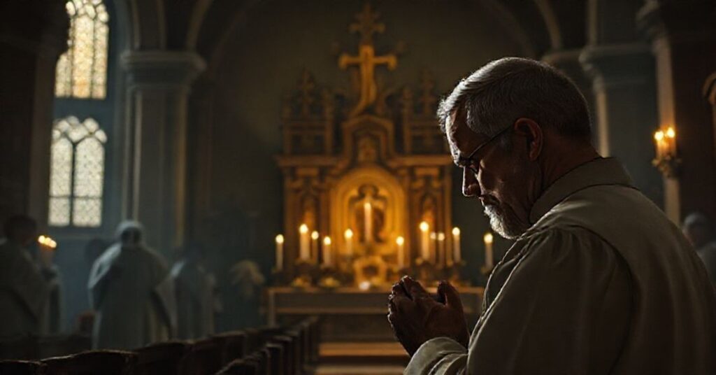 Tradycyjny ksiądz modli się przed tabernakulum w ciemnym kościele, symbolizując duchową biedę współczesnej apostazji
