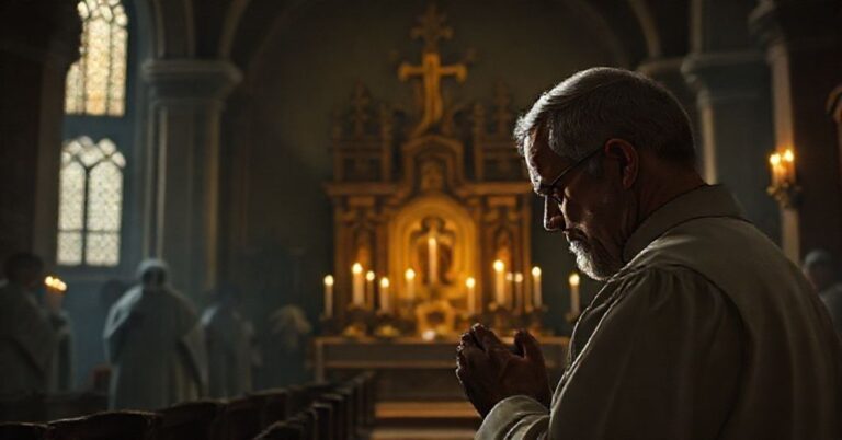 Tradycyjny ksiądz modli się przed tabernakulum w ciemnym kościele, symbolizując duchową biedę współczesnej apostazji