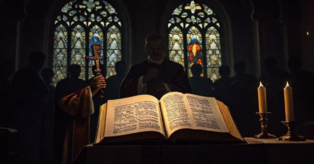 Sobór w stylu tradycyjnego kościoła katolickiego z kapłanem trzymającym krucyfiks na tle symbolizującym moralne zamieszanie współczesnych intelektualistów