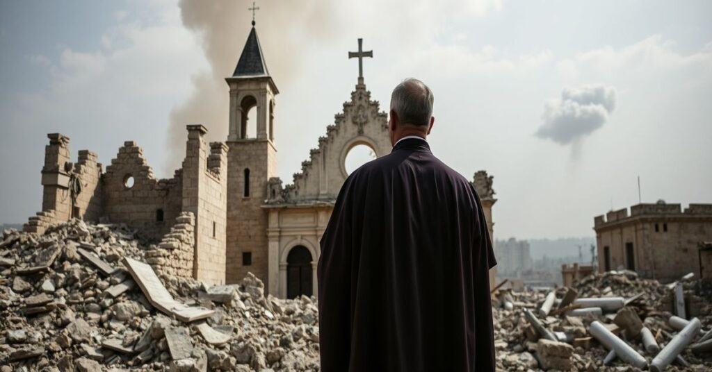 Ksiądz w tradycyjnym ornaty modli się przed zwałami zniszczonego kościoła w Jerozolimie na tle ataku rakietowego. Scena symbolizuje duchową degradację miasta świętego po odrzuceniu panowania Chrystusa Króla.