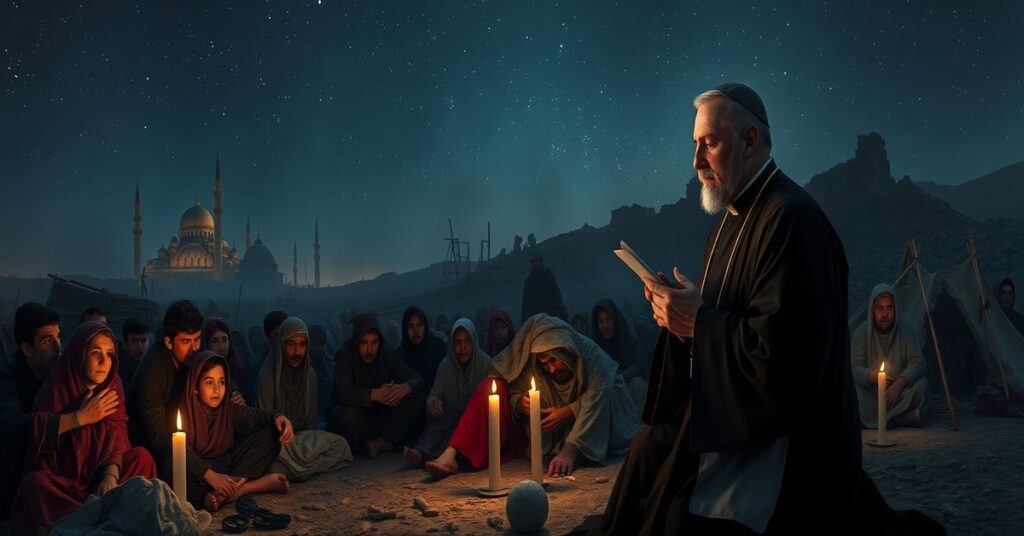 Cmentarz duchowy Afgańczyków i uchodźców orientalnych pod gwiaździstym niebem. Katolicki ksiądz w sutannie i surpelu modli się z nimi w ciemnościach.