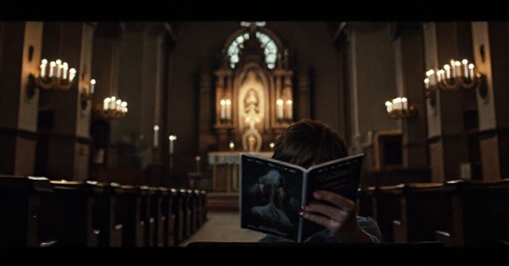 Ciemny wnętrze kościoła z tradycyjnym ołtarzem i młodą osobą trzymającą DVD z filmem "Oczy szeroko zamknięte"