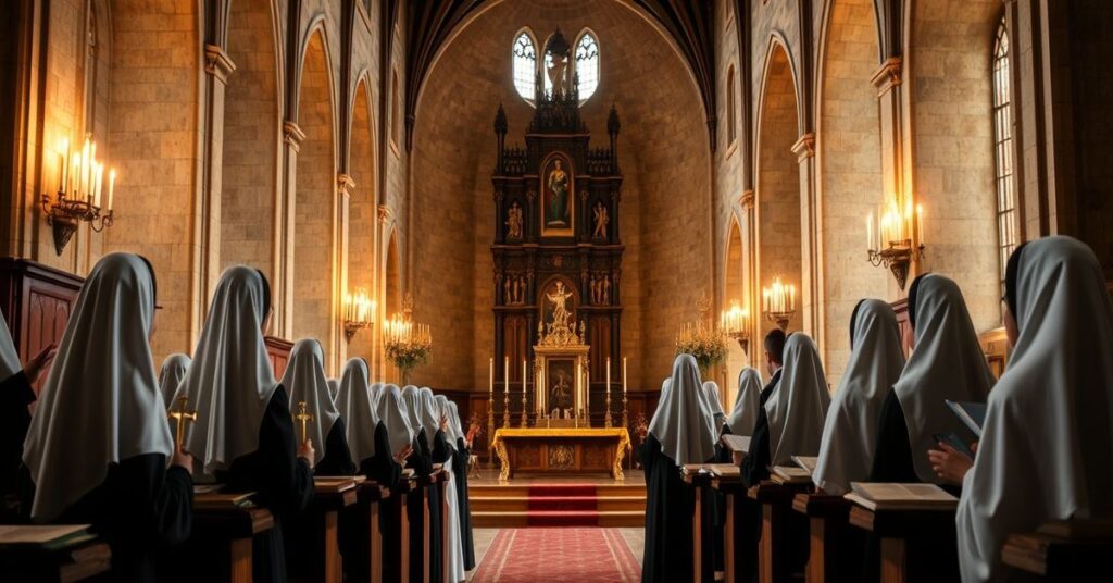 Tradycyjna katolicka ceremonii w katedrze koszalińskiej z grupą dziewic i wdów konsekrowanych w habitach uczestniczących w uroczystej liturgii