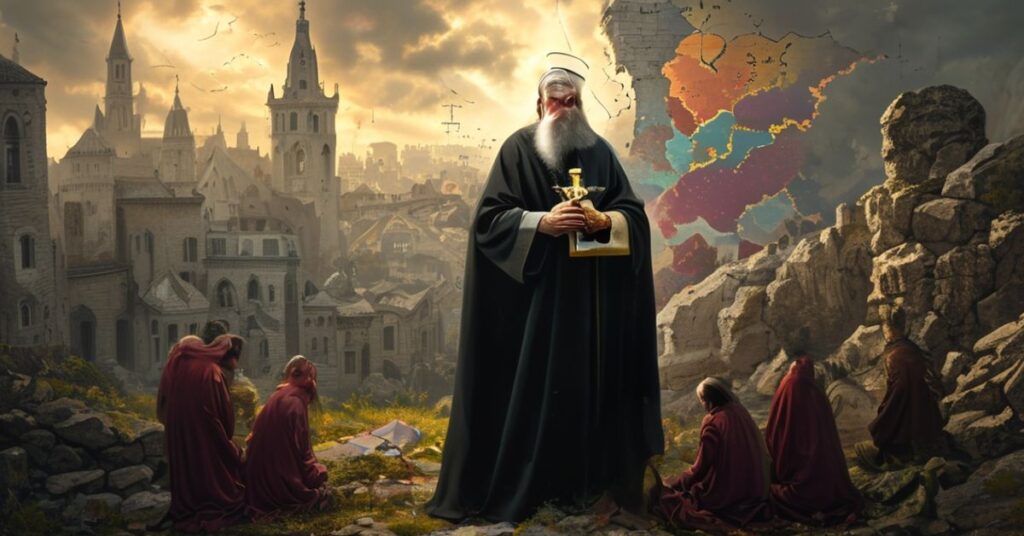 Katylicki biskup stoi przed ruinami europejskiego miasta, trzymając krzyż i patrząć na mapę Europy z symbolami NATO i amerykańskimi wojskowymi na tle. Wokół niego modlący się wierni, symbolizujący duchową obronę Europy.