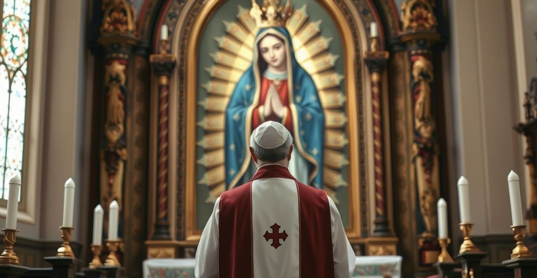 Ksiądz katolicki w tradycyjnych szatach przed obrazem Matki Bożej Częstochowskiej, wyraz głębokiej refleksji i powagi, w kościele, symbolizujący duchową obronę i moralny kryzys.