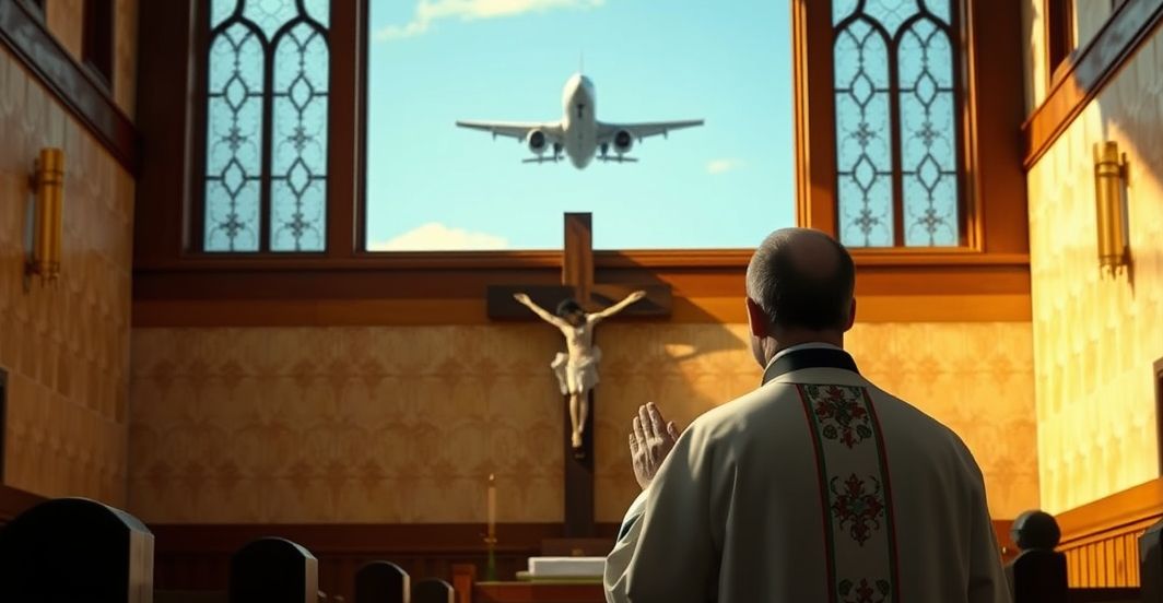 Duchowa potrzeba Chrystusa Króla w obliczu zagrożeń militarnych Reverent scene w kościele, kapłan modli się przed krucyfiksem, symbolizując duchową potrzebę Chrystusa Króla w obliczu militarystycznych zagrożeń