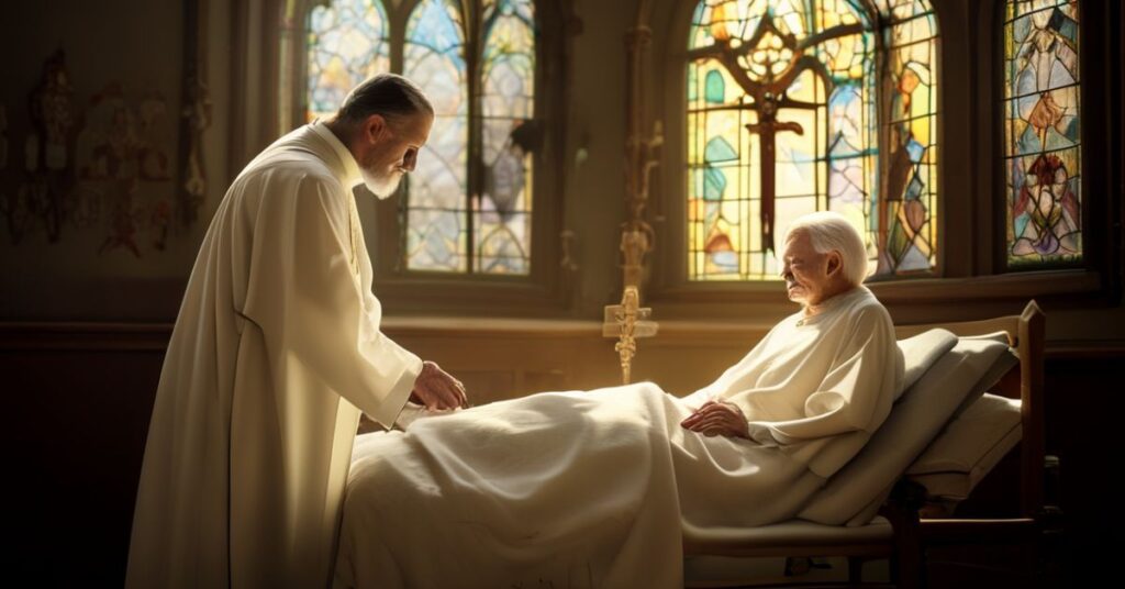 Kapłań administrujący sakrament namaszczenia chorych w tradycyjnym szpitalnym kaplicy