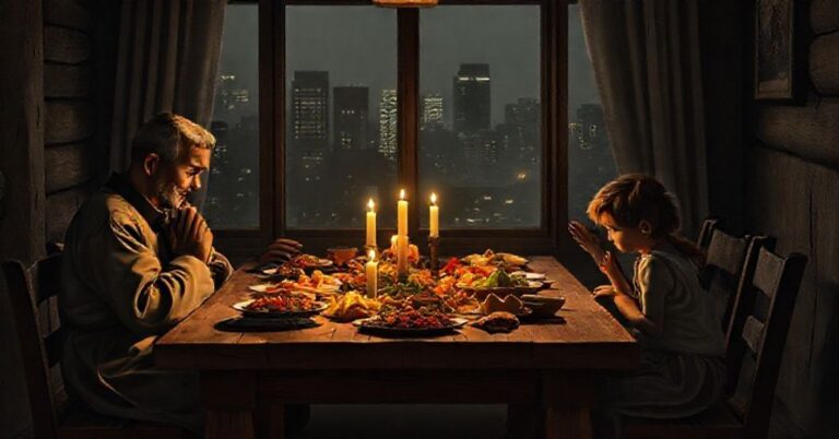 Tradycyjna katolicka rodzina modli się przy prostym stole z jedzeniem w cieniu nowoczesnego miasta.