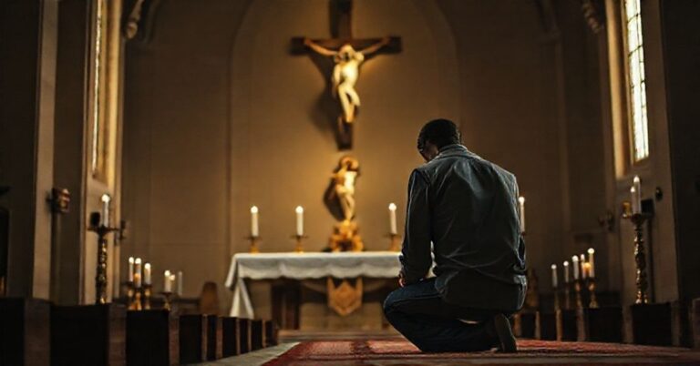 Młody mężczyzna w modlitwie przed tradycyjnym ołtarzem katolickim, symbolizujący głęboką duchową przemianę