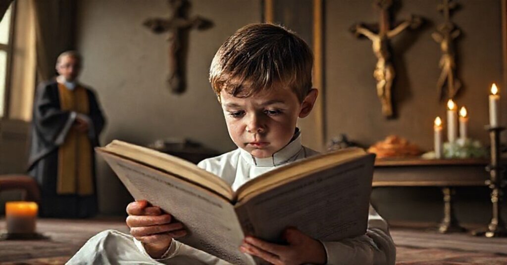 Dziecko czyta książki Jona Fossego w tradycyjnym katolickim pomieszczeniu z krzyżem na ścianie i księdzem w dalach.