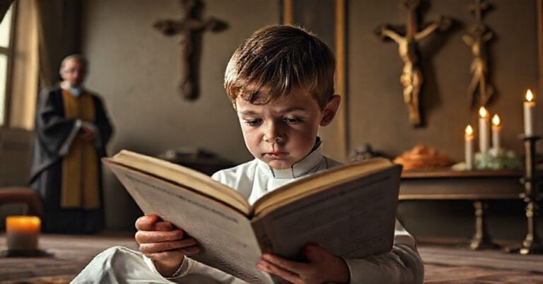 Dziecko czyta książki Jona Fossego w tradycyjnym katolickim pomieszczeniu z krzyżem na ścianie i księdzem w dalach.