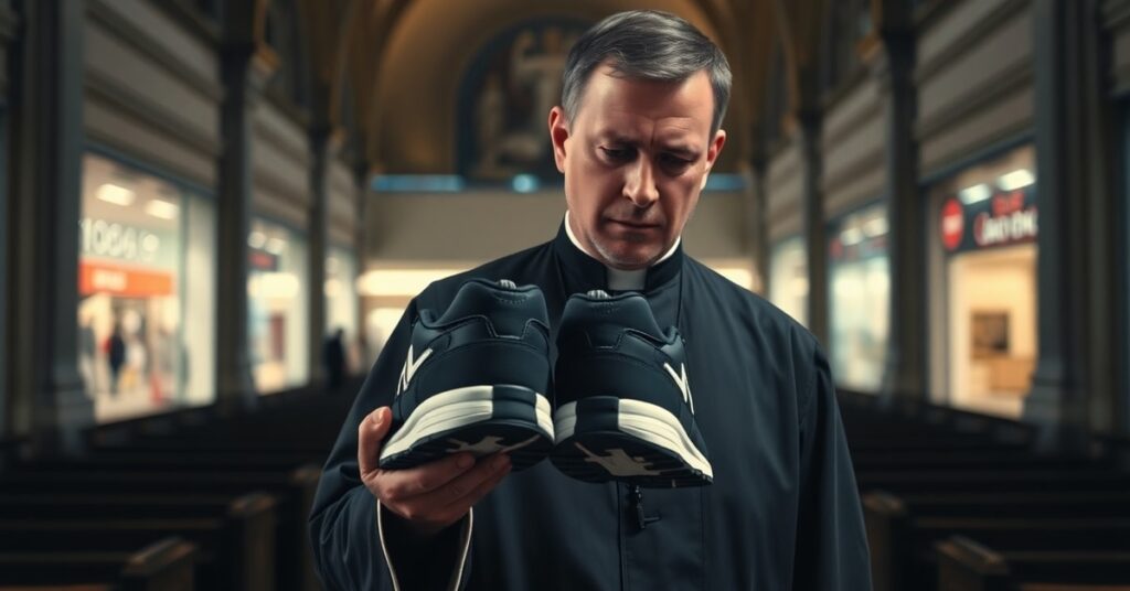 Ksiądz w tradycyjnym sutannie trzymający buty Aimé Leon Dore x New Balance w kościele, symbolizujący duchową pustkę mediów katolickich