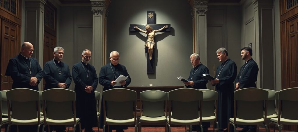 Grupa kapłanów w diecezji bydgoskiej podczas obrad Rady Kapłańskiej w Domu Biskupa. Scena przedstawia biurokratyczną atmosferę bez duchowej refleksji.