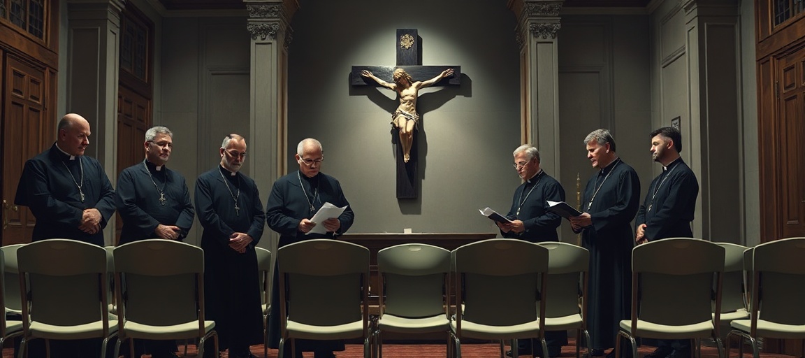 Grupa kapłanów w diecezji bydgoskiej podczas obrad Rady Kapłańskiej w Domu Biskupa. Scena przedstawia biurokratyczną atmosferę bez duchowej refleksji.
