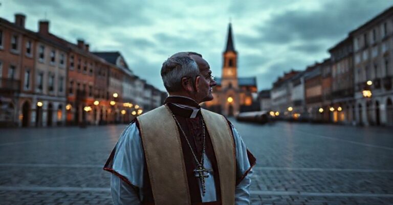 Katolicki ksiądz stojący na pustym placu w europejskim mieście o zmierzchu, patrząc na opuszczony gazociąg symbolizujący duchową pustkę Europy.