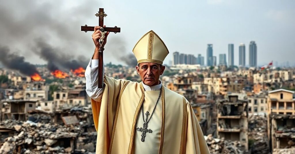 Kleryk w tradycyjnych szatach kapłańskich trzyma krzyż przed rujnami miasta, symbolizując duchową pustkę fałszywych układów pokojowych bez Chrystusa Króla