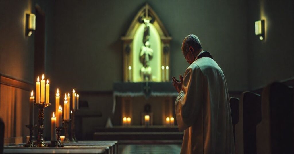 Kapelan w tradycyjnych szatach liturgicznych modli się przed tabernakulum w przytępie, podkreślając duchową pustkę współczesnej opieki hospicyjnej.