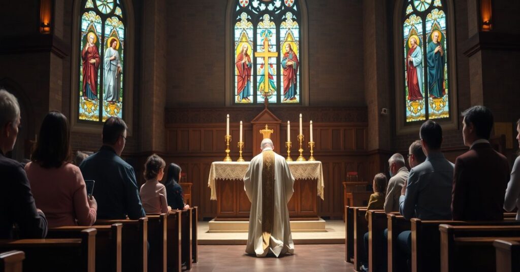 Kardynał w tradycyjnym ornaty modli się przed Najświętszym Sakramentem w kościele, otoczony rodzicami i dziećmi symbolizującymi duchową pustkę współczesności.