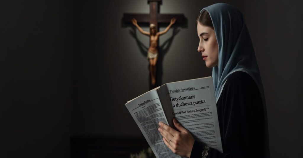 Młoda kobieta w tradycyjnym stroju katolickim modli się przed krzyżem w ciemnym kościele. W ręku trzyma egzemplarz 'Tygodnik Powszechny' z artykułem Moniki Ochędowskiej o gotyckim romansie i duchowej pustce współczesnej kultury.