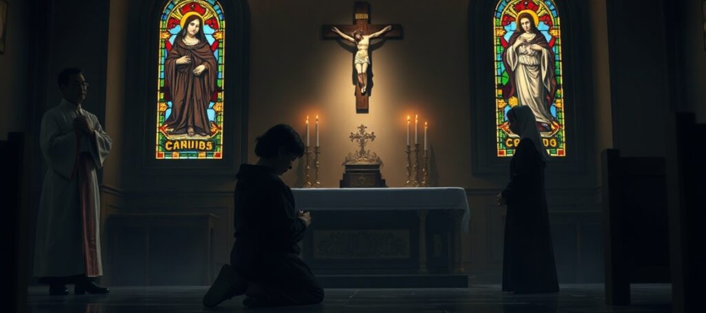 Obraz przedstawiający smutną matkę japońską w kaplicy katolickiej przed tradycyjnym ołtarzem z krzyżem i świecami. Scena podkreśla brak duchowej nadziei w świeckich podejściach do cierpienia.