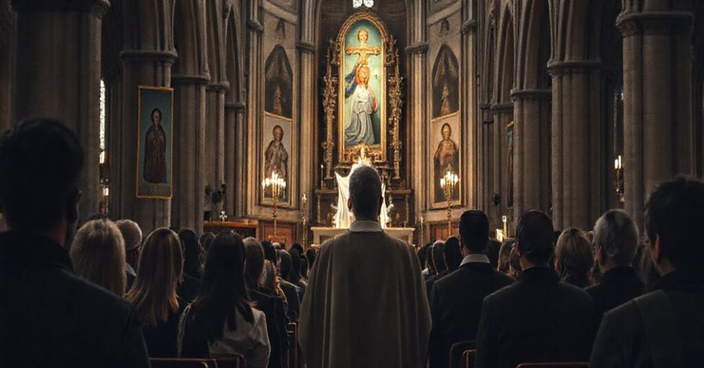 Ciemna wnętrza katedry podczas uroczystej mszy, skupiając się na grupie młodych ludzi w nowoczesnym stroju, ich twarze puste i odłączone, kiedy słuchają duchownego w tradycyjnych szatach, który mówi o ludzkiej nadziei w świeckim świecie. Ołtarz jest ozdobiony sztandarami osoby nie-Krzyża Chrystusa, podczas gdy blaknące obrazy katolickich świętych zdominowane są przez centralną postać laikatu. Światło jest rozproszone, tworząc wrażenie duchowej pustki, bez widocznych sakramentów ani nabożeństwa – tylko pustą retorykę optymizmu doczesnego.
