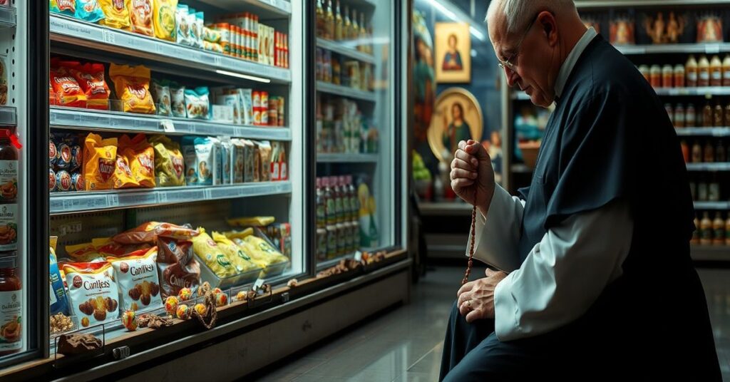 Mężczyzna w tradycyjnym habitach modli się przed pustą półką sklepową pełną lodów i leków na otyłość, symbolizując duchową pustkę współczesnego konsumpcjonizmu