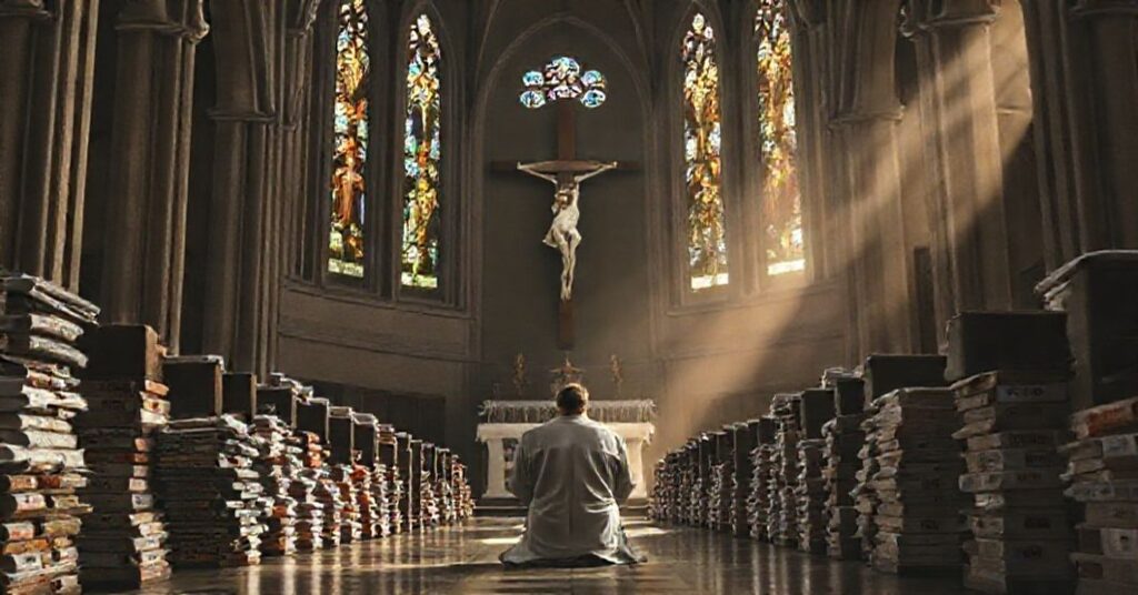 Wnętrze katedry z samotnym księdzem w kasule modlącego się przed krzyżem, otoczonego donacjami. Scena podkreśla duchową pustkę współczesnej dobroczynności bez Bożej łaski.