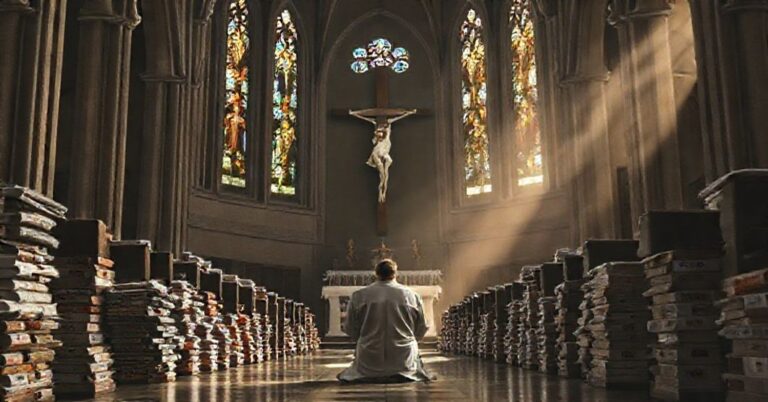 Wnętrze katedry z samotnym księdzem w kasule modlącego się przed krzyżem, otoczonego donacjami. Scena podkreśla duchową pustkę współczesnej dobroczynności bez Bożej łaski.