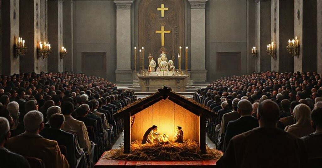 Obrázek przedstawiający duchową pustkę propagowaną przez uzurpatora 'Leona XIV' podczas Adwentu. Scena jest ciemna i pozbawiona katolickich symboli tradycyjnych.