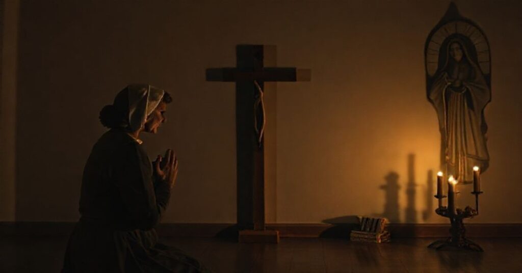 Pokorny katolicka matka modli się przed krzyżem w ciemnym pokoju wypełnionym książkami feministycznymi i audiobookami pseudoreligijnymi