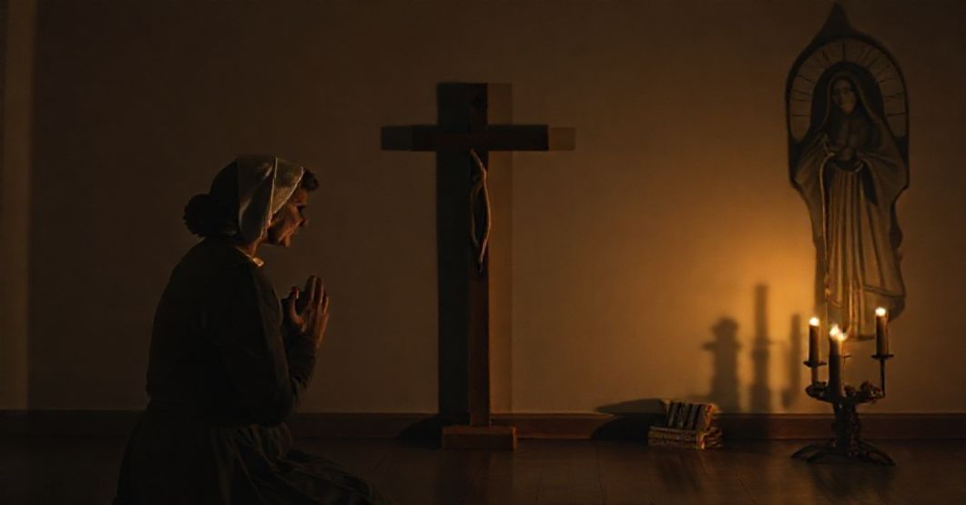 Pokorny katolicka matka modli się przed krzyżem w ciemnym pokoju wypełnionym książkami feministycznymi i audiobookami pseudoreligijnymi