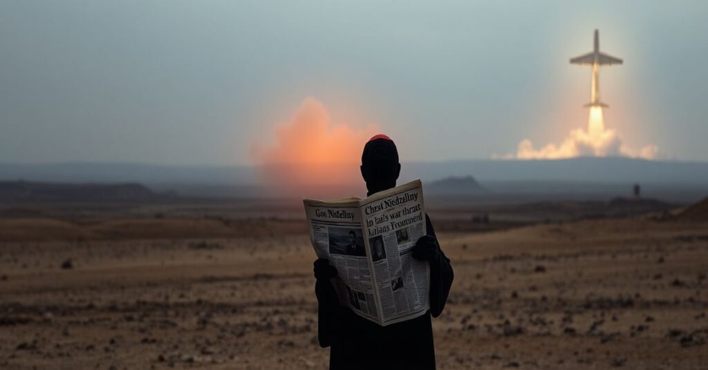 Obraz przedstawiający duchową pustkę współczesnych mediów katolickich, ignorujących pokój Chrystusowy na rzecz relacji o wojnie naturalistycznej.