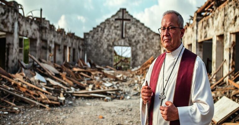 Ksiądz w tradycyjnym habitacie stoi wśród ruin zniszczonego huraganem kościoła na Jamajce, symbolizując duchową pustkę i braki w misji ewangelizacyjnej.