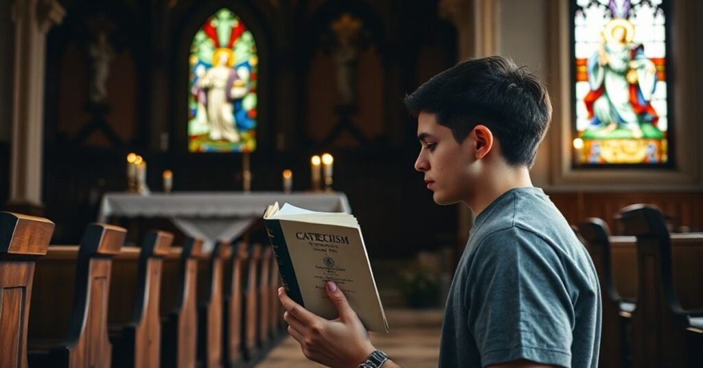 Młody mężczyzna modli się przed tradycyjnym ołtarzem katolickim z witrażem o Sądzie Ostatecznym w tle.