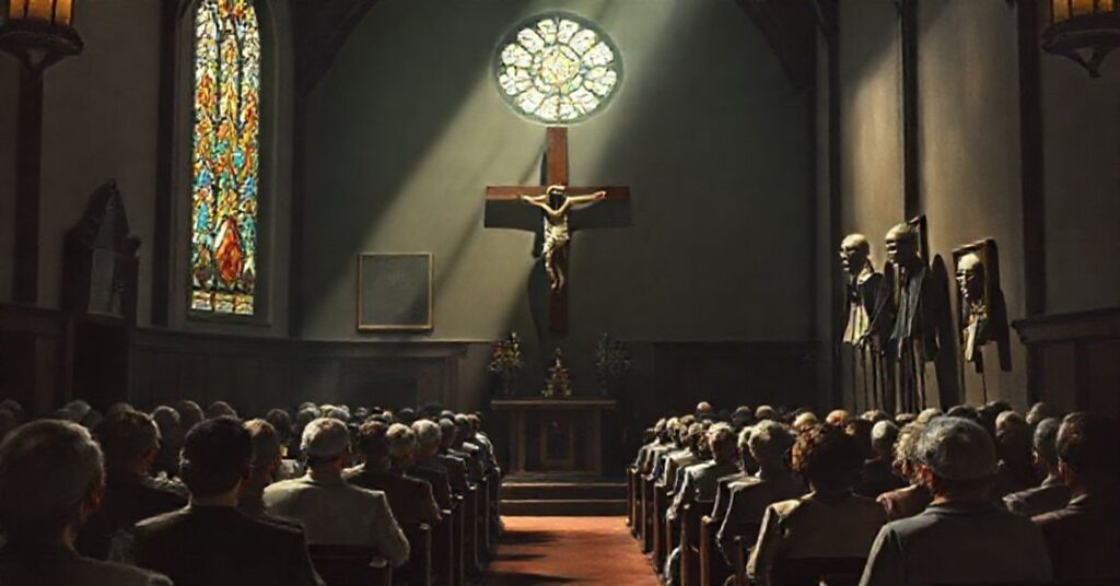 Wnętrze tradycyjnego kościoła z modlącą się wspólnotą przed krucyfiksem, kontrastujące z ciemnym kącikiem z groteskowymi maskami i marionetkami z wystawy Ensora/Wojtkiewicza.