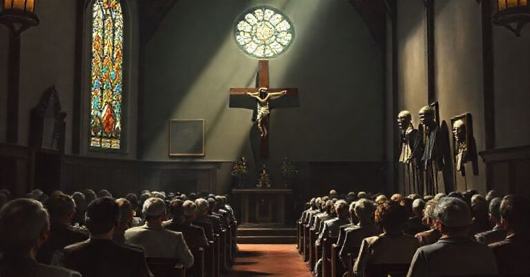 Wnętrze tradycyjnego kościoła z modlącą się wspólnotą przed krucyfiksem, kontrastujące z ciemnym kącikiem z groteskowymi maskami i marionetkami z wystawy Ensora/Wojtkiewicza.