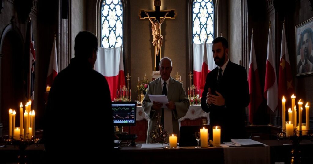 Tradycyjna katolicka msza święta w polskim kościele z krzyżem i świecami na pierwszym planie. W tle widoczni są cienie Jarosława Kaczyńskiego, Karola Nawrockiego i Adama Glapińskiego obok stołu z dokumentami finansowymi i wykresami giełdowymi. Kontrast między świętym a świeckim jest wyraźny, podkreślając duchową pustkę ich ekonomicznych planów.