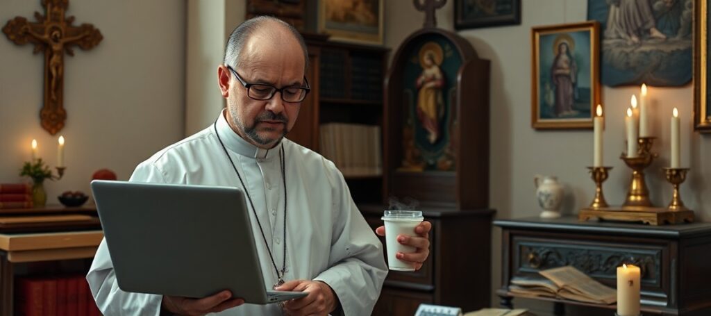 Człowiek w tradycyjnym katolickim stroju duchownego siedzi w pokojnej bibliotece pełnej symboli wiary, rozpaczliwie patrząć na artykuł o napojach roślinnych