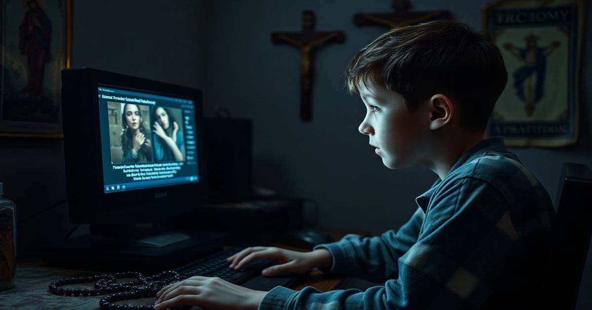 Chłopiec przed ekranem z niegodziwym treściami w pokoju bez Bożej obecności