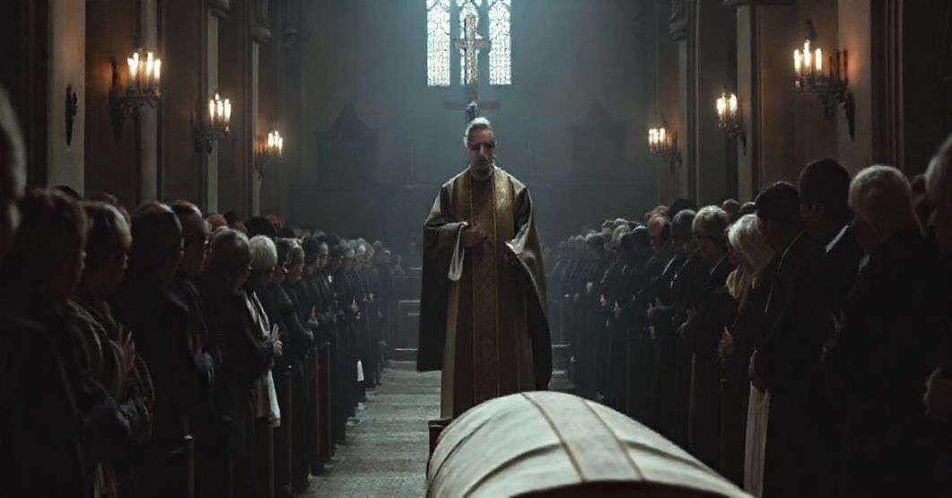 Scena pogrzebowa w tradycyjnym kościele katolickim z trumną "ks." Franciszka Rząsy, otoczona smutnymi wierzonymi. Scena podkreśla brak elementów sakralnych.