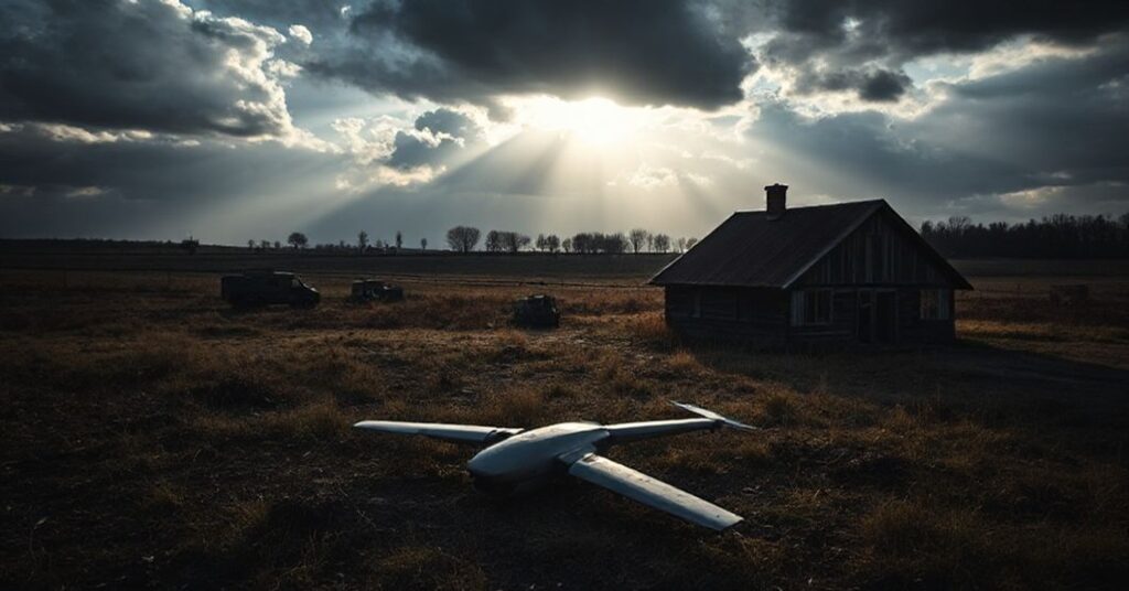 Pokrzywione szczątki drona obok opuszczonego domu na Mazowszu pod ciemnymi chmurami