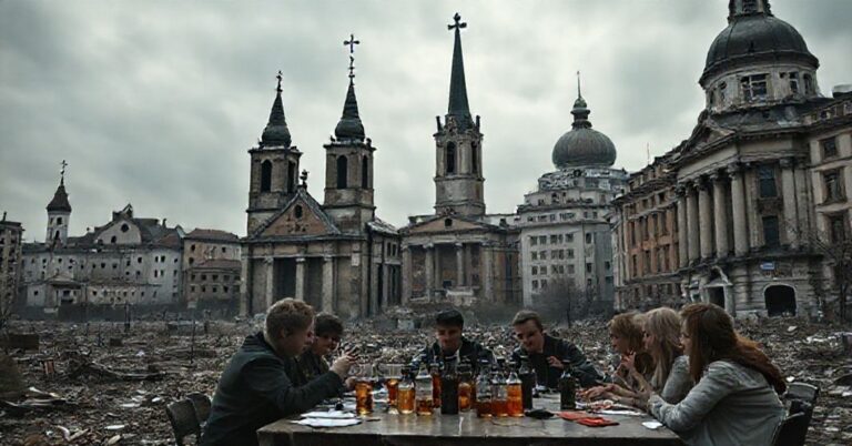 Scena miasta polskiego w upadku duchowym z opuszczonymi kościołami i dominacją instytucji świeckich.