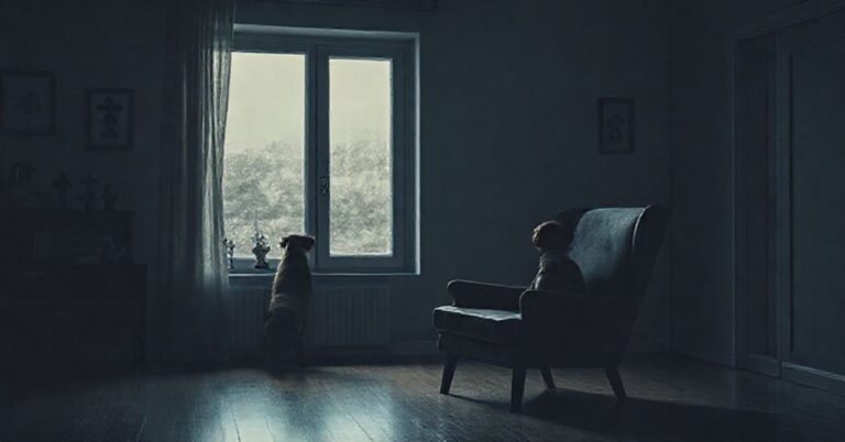 Pokoj z pstrą krzesłem i psem patrzącym przez okno, symbolizujący duchową pustkę opisywana w artykule Macieja Płazy