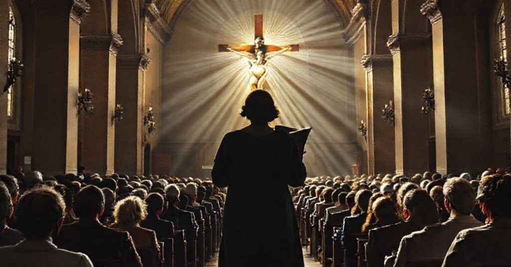 Wnętrze kościoła z modląca się wspólnotą przed krzyżem, z cieniem Anny Król-Kuczkowskiej trzymającej książkę psychologii.