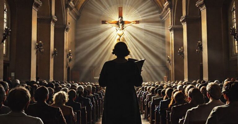 Wnętrze kościoła z modląca się wspólnotą przed krzyżem, z cieniem Anny Król-Kuczkowskiej trzymającej książkę psychologii.