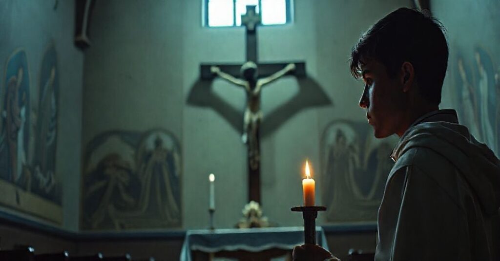 Młody człowiek stojący przed złamanym krzyżem w ciemnej kościale, symbolizujący duchową pustkę i relatywizm promowany przez nowoczesną Kościół