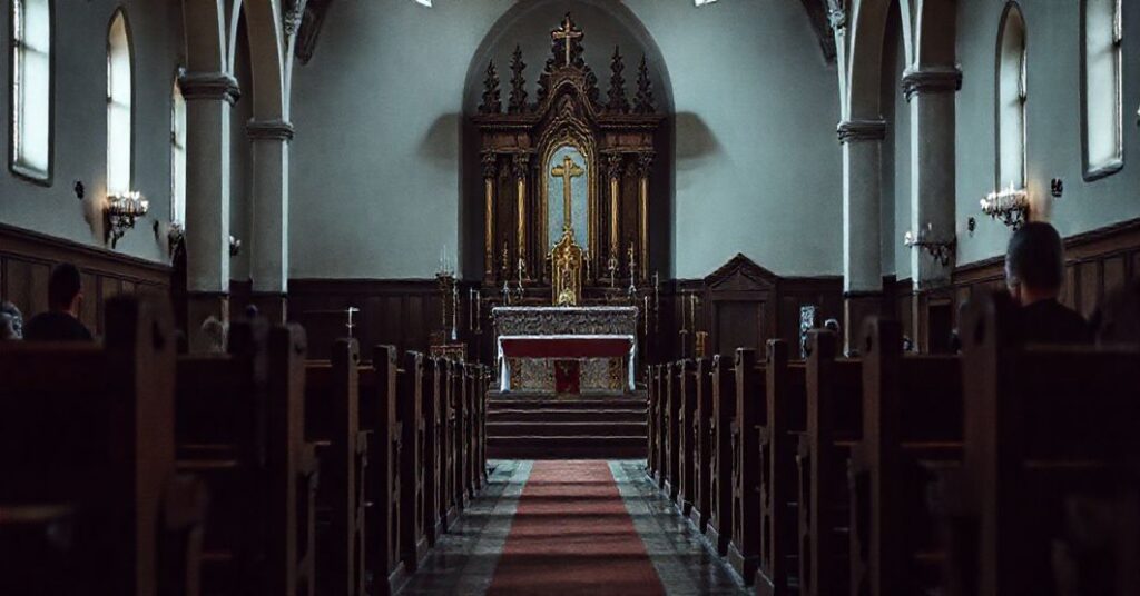 Pusty wnętrze kościoła z opuszczonymi ławek, symbolizujące duchową pustkę pozostawioną przez modernistyczną działalność "Salezjanów" w Sokołowie Podlaskim.