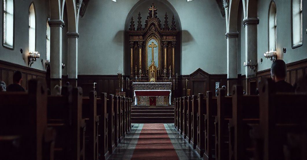 Pusty wnętrze kościoła z opuszczonymi ławek, symbolizujące duchową pustkę pozostawioną przez modernistyczną działalność "Salezjanów" w Sokołowie Podlaskim.