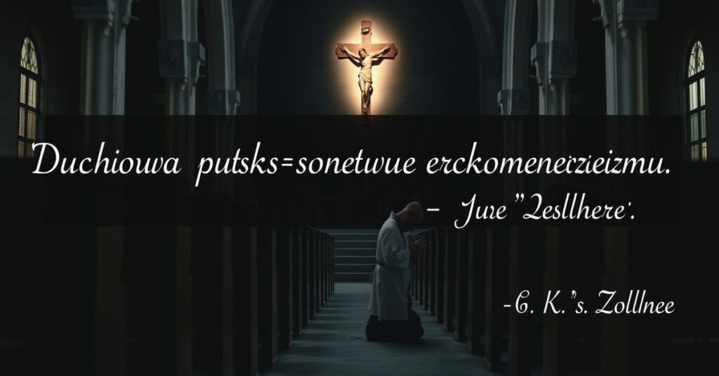 Wnętrze kościoła z wyobrażeniem duchowej pustki w soborowym ekumenizmie. Pusty kościół z modlącym się księdzem.