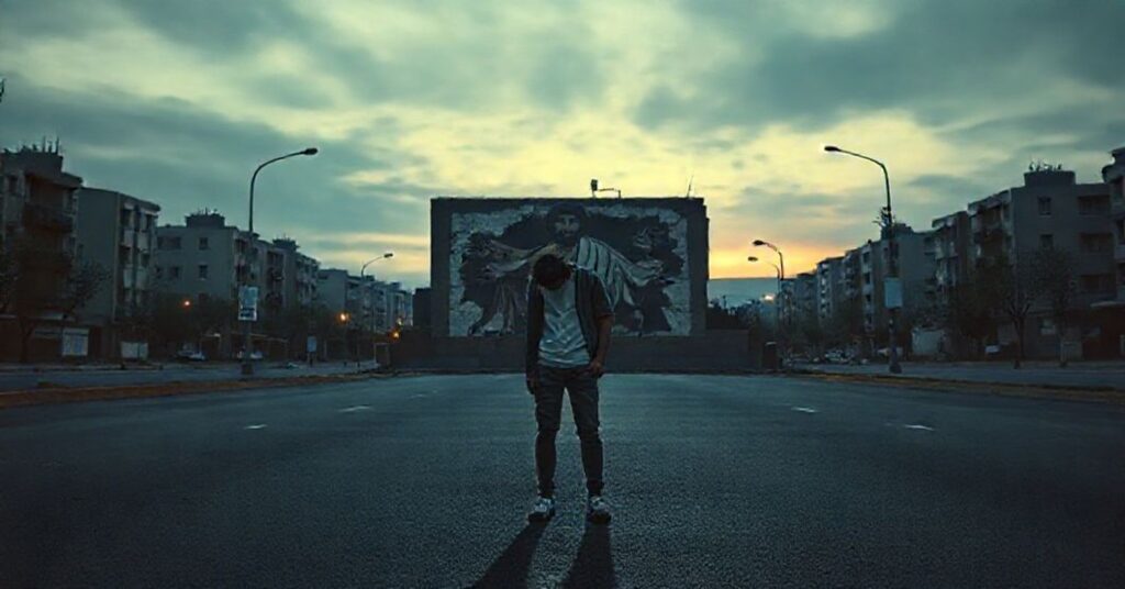 Opuszczone miasto w zmierzchu z samotną postacią w tle z oszlaniającymi się freskami Jezusa Chrystusa Króla